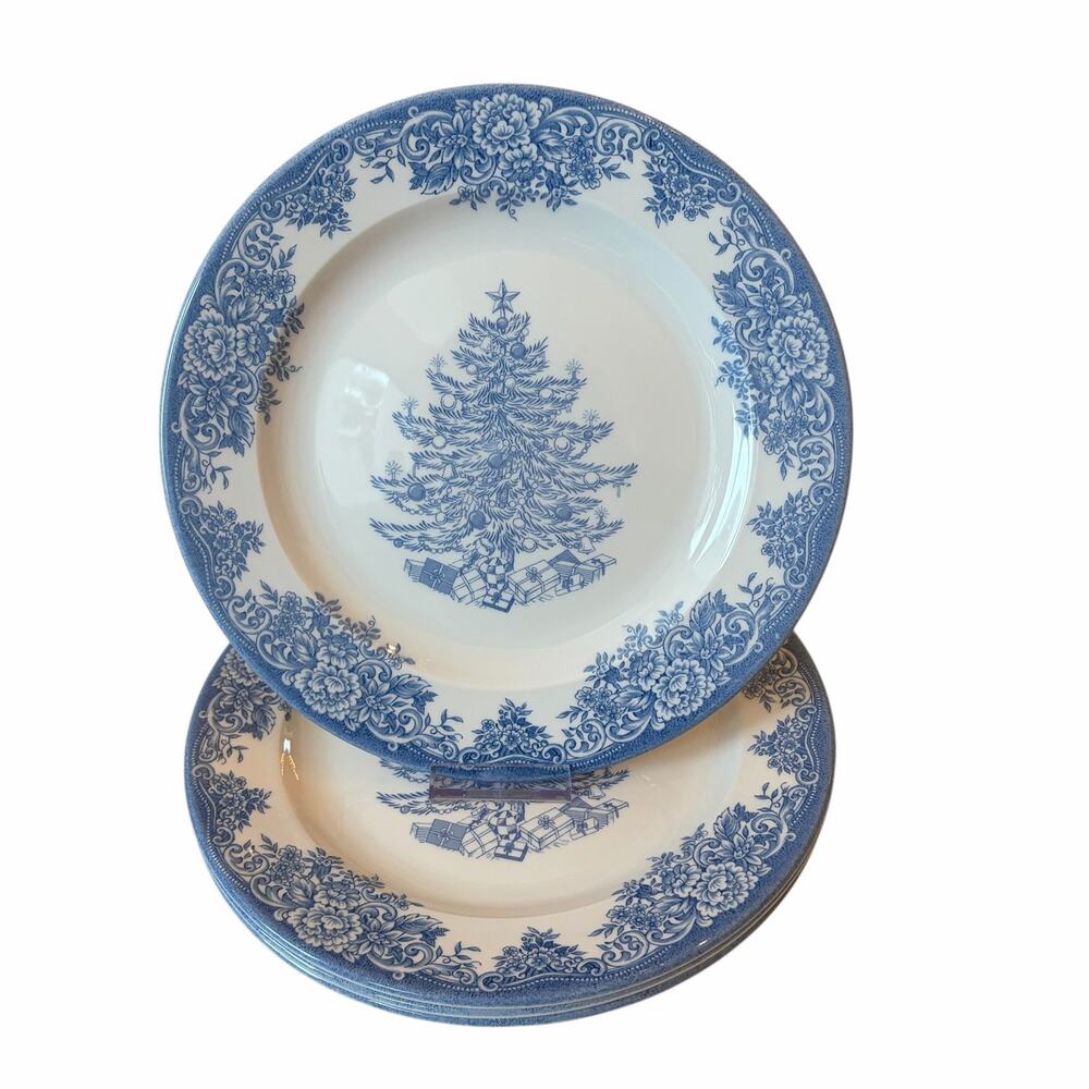 4pc Royal Stafford CHRISTMAS TREE Porcelain Dinner Plates 11in Blue White NEW